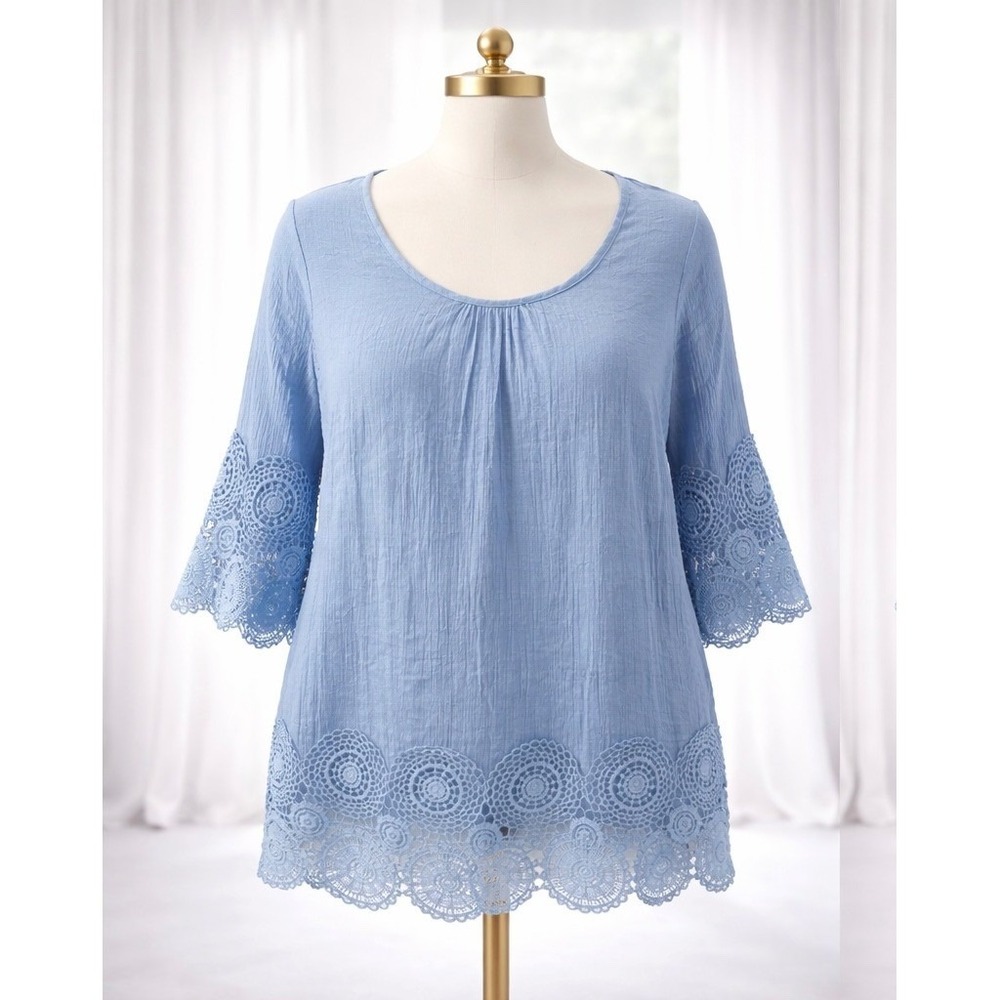 Avenue Crochet Lace Trim Blouse Blue Lined‎ 3/4 Sleeve Scalloped Hem Size 14